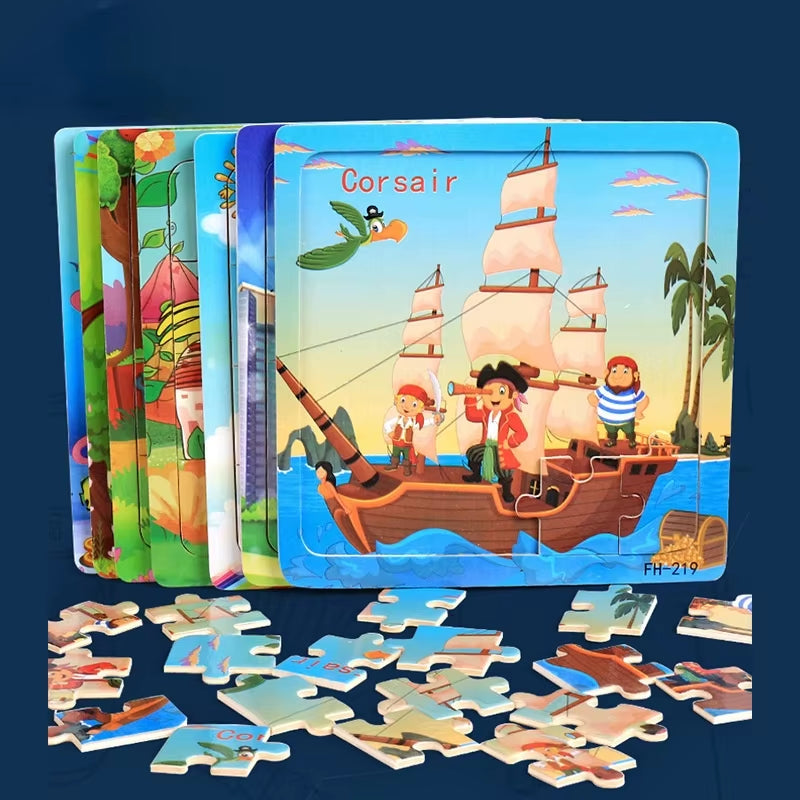 20-Piece Montessori 3D Cartoon Animal and Vehicle Wooden Jigsaw Puzzle for Early Childhood Education