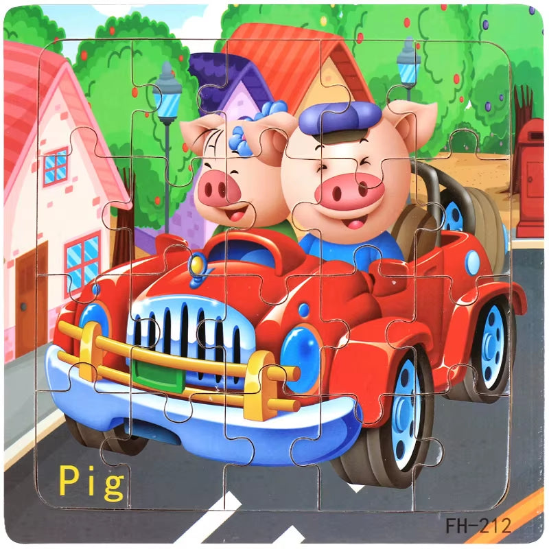 Montessori 3D Wooden Puzzle: Cartoon Animals and Vehicles 