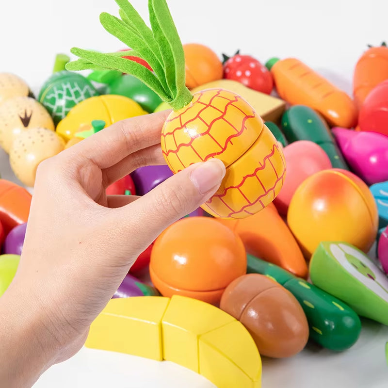 Magnetic Wooden Cutting Fruits and Vegetables Simulation Kitchen Playset - Montessori Educational Toy for Children