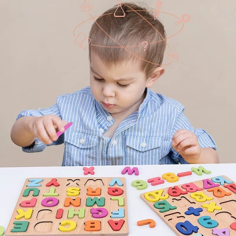 Wooden Alphabet and Number Shape Matching Puzzle Board for Early Childhood Education - 3D Educational Toy for Preschoolers