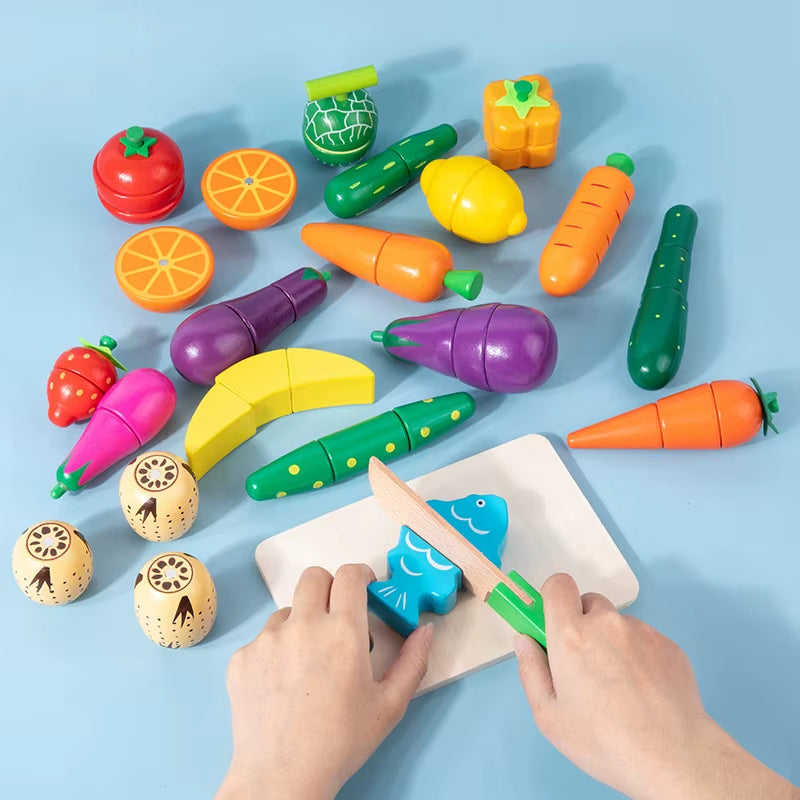 Magnetic Wooden Cutting Fruits and Vegetables Simulation Kitchen Playset - Montessori Educational Toy for Children