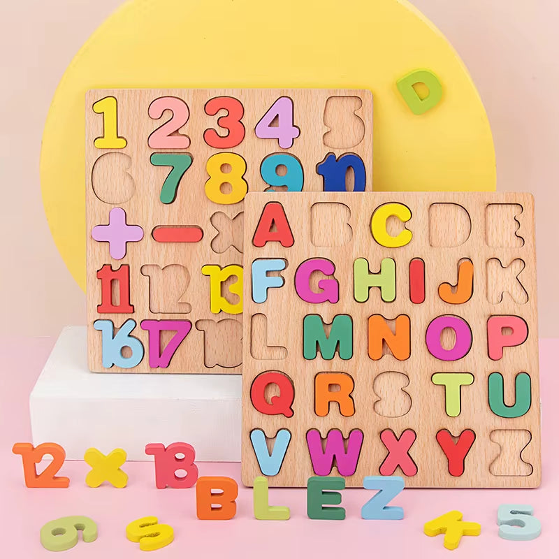 Wooden Alphabet and Number Shape Matching Puzzle Board for Early Childhood Education - 3D Educational Toy for Preschoolers
