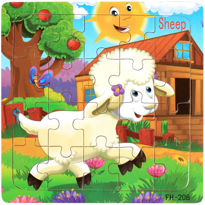 Montessori 3D Wooden Puzzle: Cartoon Animals and Vehicles 