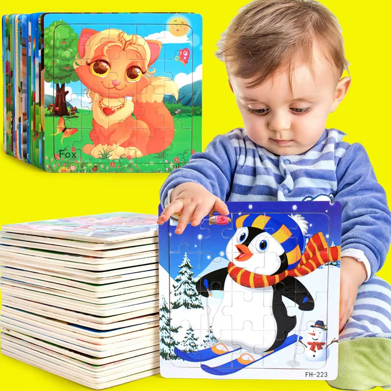 20-Piece Montessori 3D Cartoon Animal and Vehicle Wooden Jigsaw Puzzle for Early Childhood Education